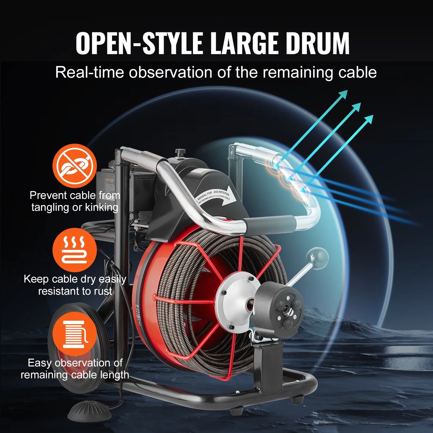 VEVOR Drain Cleaner Machine 100FT x 3/8 Inch, Auto Feed Sewer Snake Auger on Wheels, 370W Portable Drain Cleaning Machine with 8 Cutters & Air-activated Foot Switch for 2" to 4" Pipes