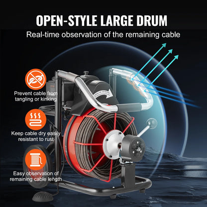 VEVOR Drain Cleaner Machine 100FT x 3/8 Inch, Auto Feed Sewer Snake Auger on Wheels, 370W Portable Drain Cleaning Machine with 8 Cutters & Air-activated Foot Switch for 2" to 4" Pipes