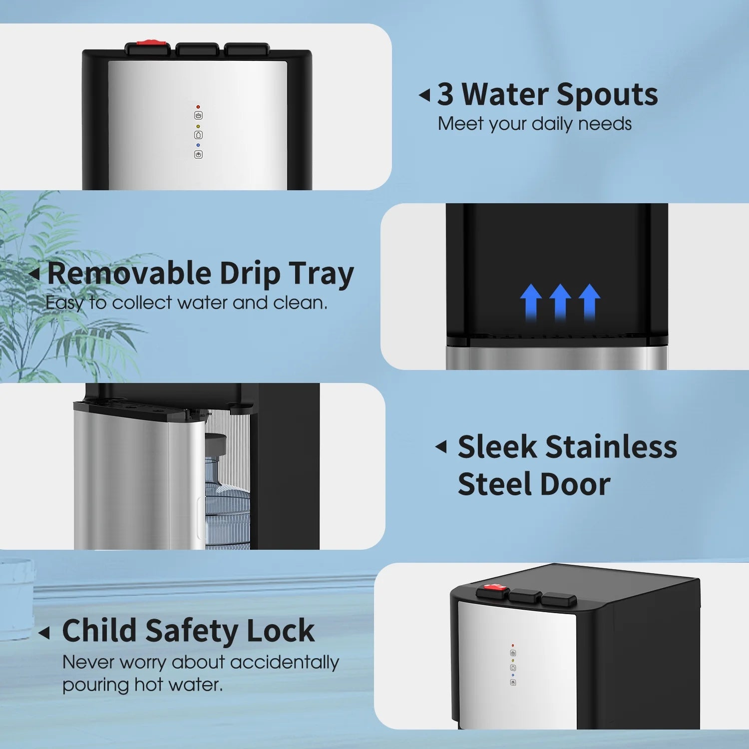 SOOPYK UV Self Cleaning Bottom Loading Water Cooler Dispenser for 5 Gallon Bottles 3 Temperatures, Child Safety Lock, LED Display with Empty Bottle Alert, Stainless Steel