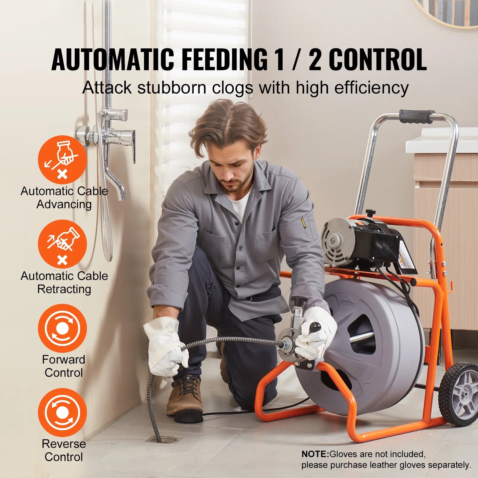 KFFKFF Drain Cleaning Machine, 100FT x 1/2 Inch, Self-feeding, Mobile Drain Auger with 8 Blades & Pneumatic Foot Pedal, Ideal for 2"-4" Pipes