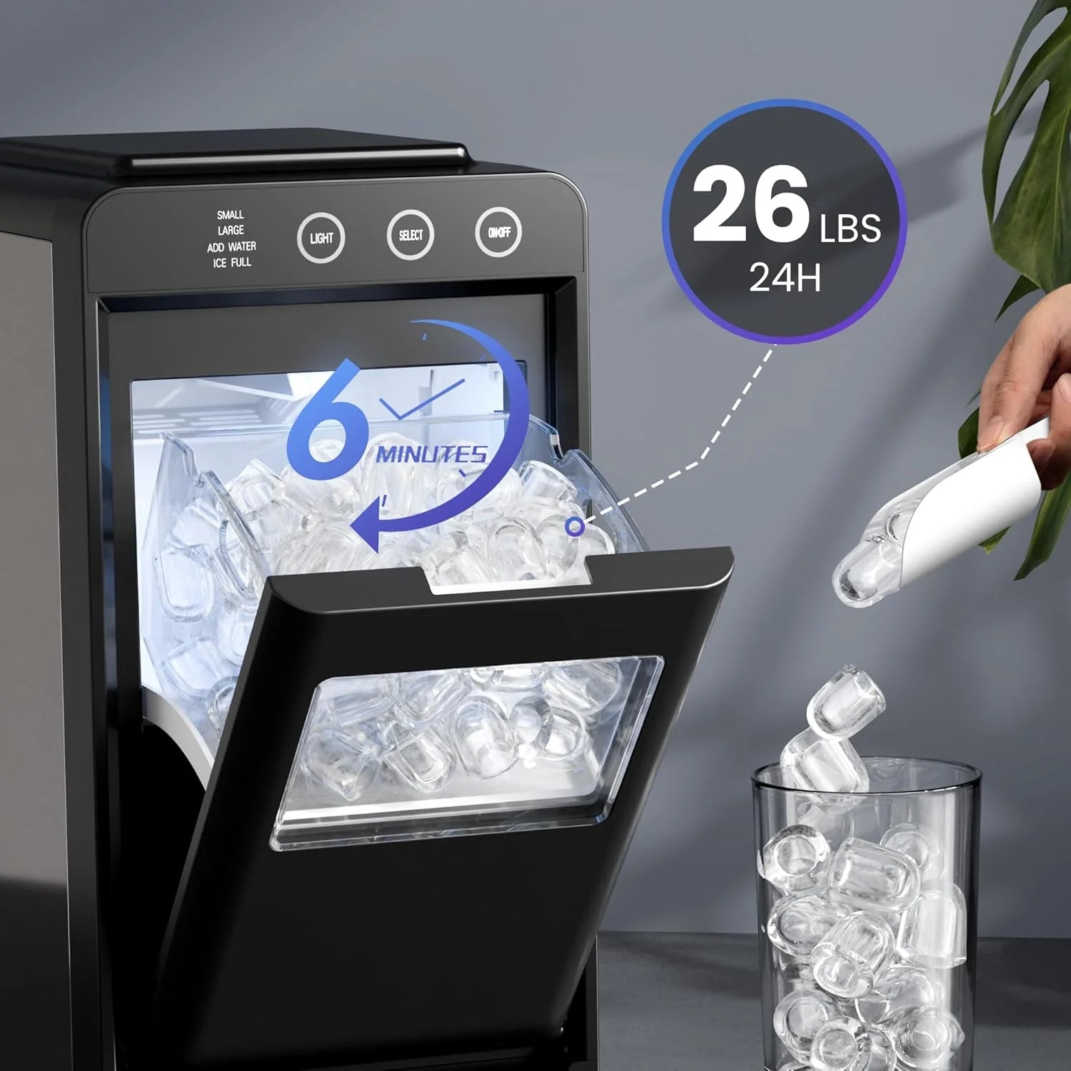 Moifoi Ice Maker Countertop, 26 lbs/24 H, 8 Pcs Ice in 6 Mins, Portable Ice Maker Machine with Self-Cleaning, Interior Lighting, 2 Sizes Bullet Ice, Black