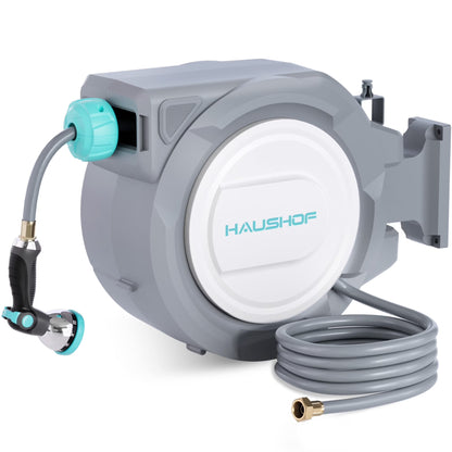 HAUSHOF 1/2" x 100 ft Retractable Garden Hose Reel with Automatic Rewind, 10-Pattern Spray Nozzle, Durable High-Pressure Hose, and 180�� Swivel Bracket �C Perfect for Watering Gardens, Cleaning Patios