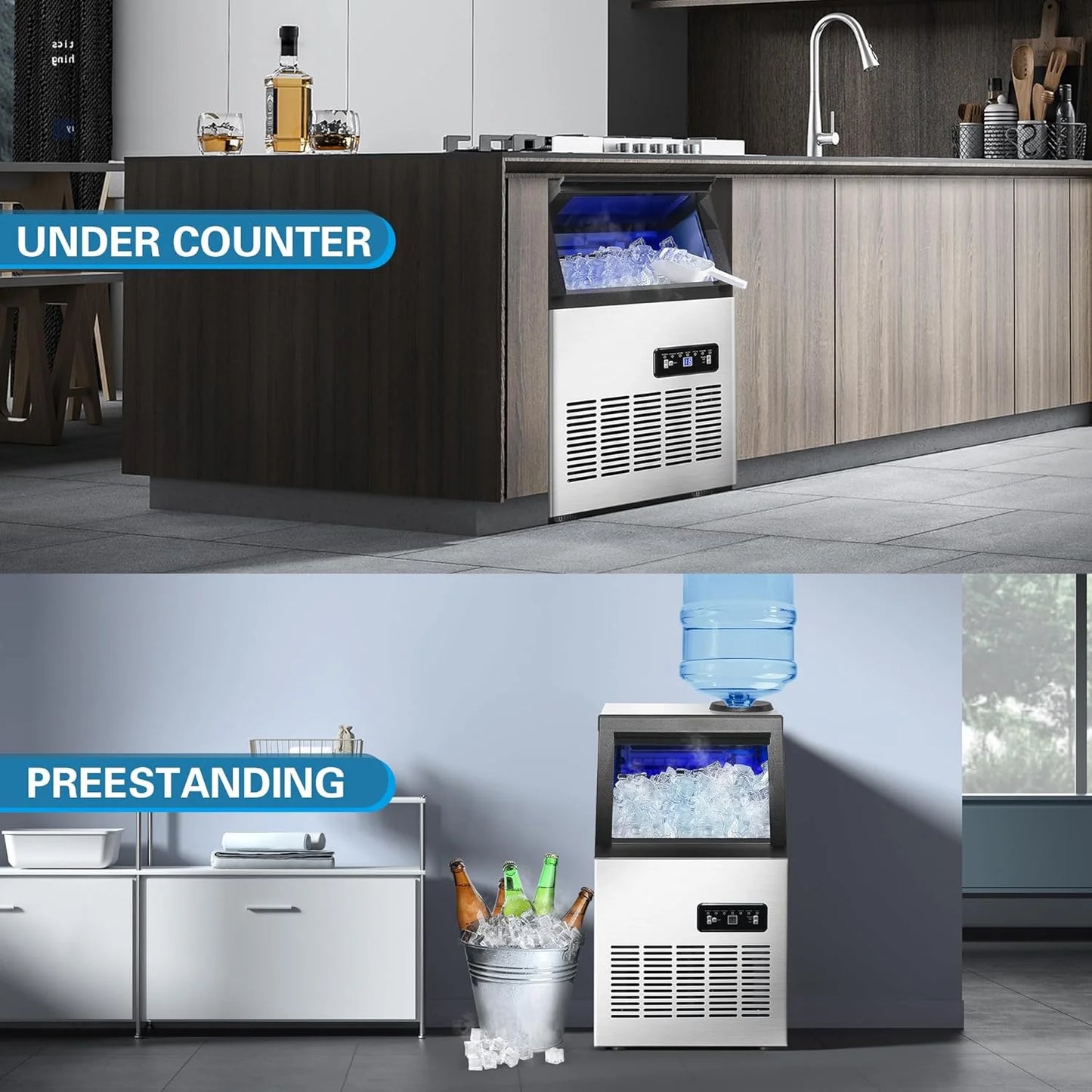 Commercial Ice Maker Machine 120LBS/24H Ice Maker, Stainless Steel Freestanding Ice Machine with 33LBS Storage Capacity, Self-Cleaning, 2 Water Inlet Modes,Ideal for Restaurant,Home,Bar