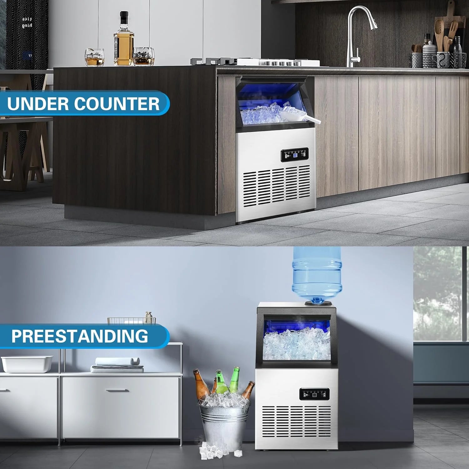 Commercial Ice Maker Machine 120LBS/24H Ice Maker, Stainless Steel Freestanding Ice Machine with 33LBS Storage Capacity, Self-Cleaning, 2 Water Inlet Modes,Ideal for Restaurant,Home,Bar