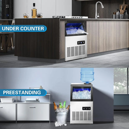 Commercial Ice Maker Machine 120LBS/24H Ice Maker, Stainless Steel Freestanding Ice Machine with 33LBS Storage Capacity, Self-Cleaning, 2 Water Inlet Modes,Ideal for Restaurant,Home,Bar