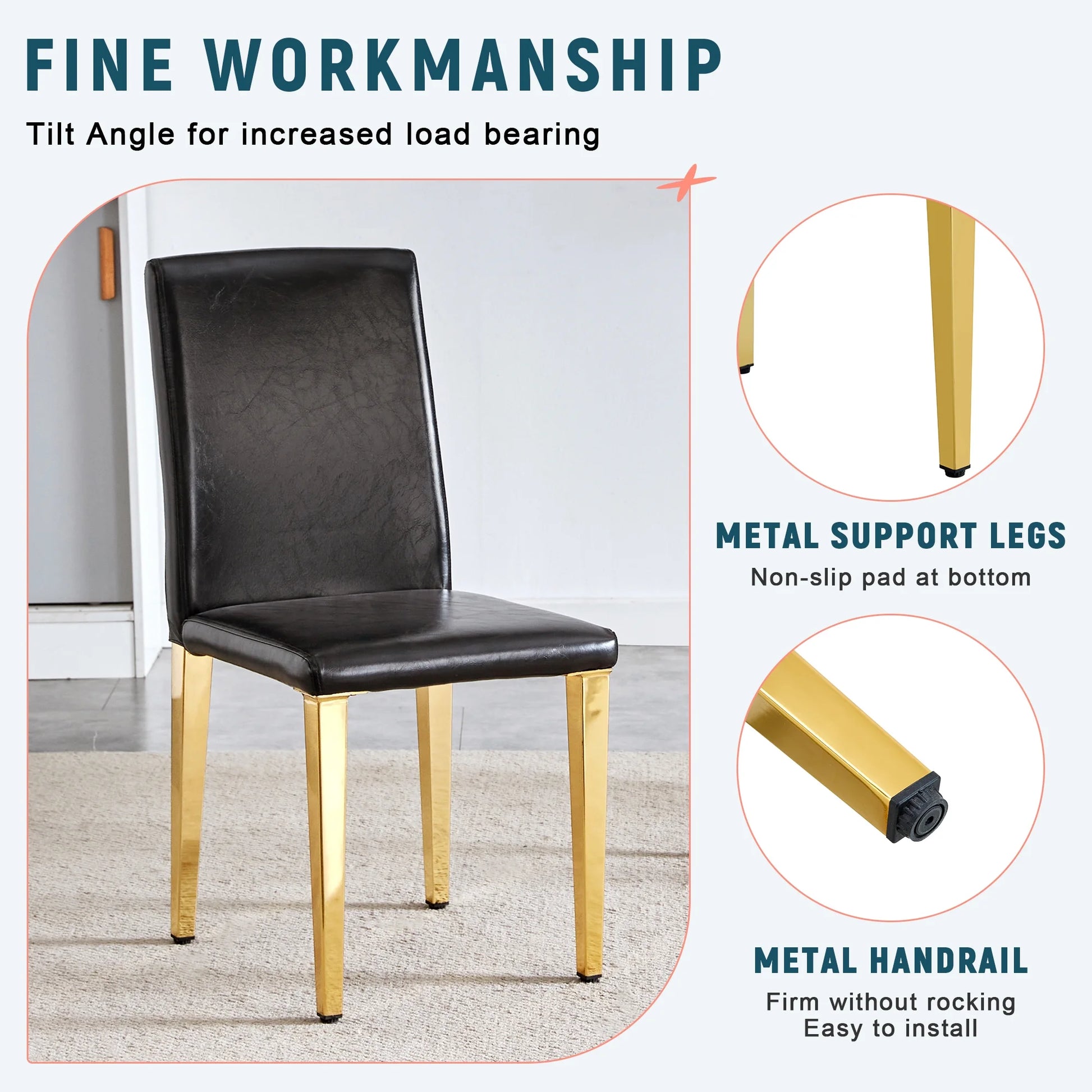 Set of 4 black PU leather backrest chairs with gold metal legs -A perfect pairing, ideal for minimalist and modern home decor styles, with product dimensions of 16.2*18.5*34.6 inches.