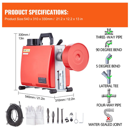 KFFKFF Electric Drain Cleaning Machine, 66FT x 5/8 Inch, 250W, Manual Operation - Includes 7 Cutting Heads, Dual Steel Cables & Directional Control, Suitable for 1.6"-4" Pipes