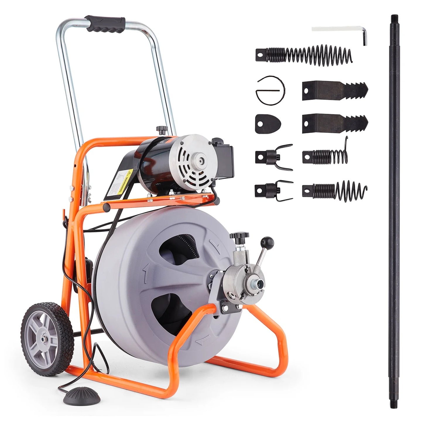 KFFKFF Drain Cleaning Machine 75FT x 1/2 Inch with Auto Feed, Mobile Drain Clearing Equipment, Includes 8 Cutters & Foot-operated Air Switch, Suitable for 2"-4" Pipes