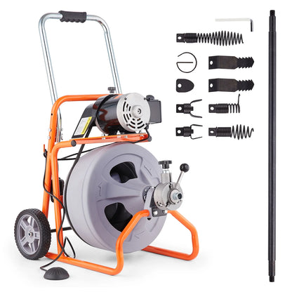 KFFKFF Drain Cleaning Machine 75FT x 1/2 Inch with Auto Feed, Mobile Drain Clearing Equipment, Includes 8 Cutters & Foot-operated Air Switch, Suitable for 2"-4" Pipes