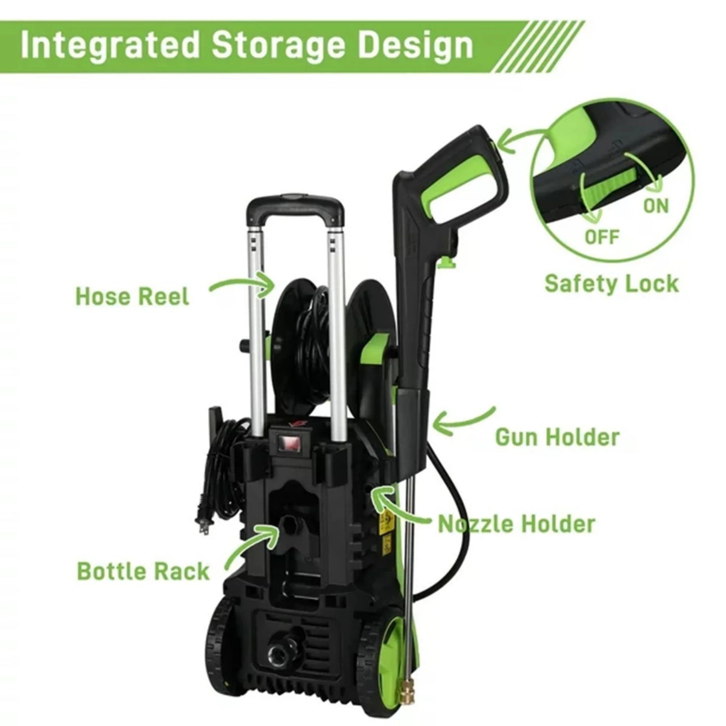 CASEMIOL 1800W Electric Pressure Washer, 3800 PSI, 2.6 GPM Power Washer with Safety Lock & TSS, 19.7ft Hose, 4 Nozzles, Portable High Pressure Cleaning Machine for Cars, Driveways, Patios, Green