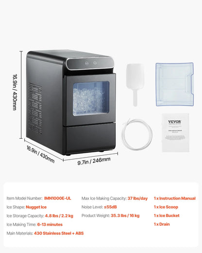 KFFKFF Nugget Ice Maker Countertop Portable Countertop Ice Maker 37lbs/24H Self-Cleaning with Ice Scoop & Drip Tray