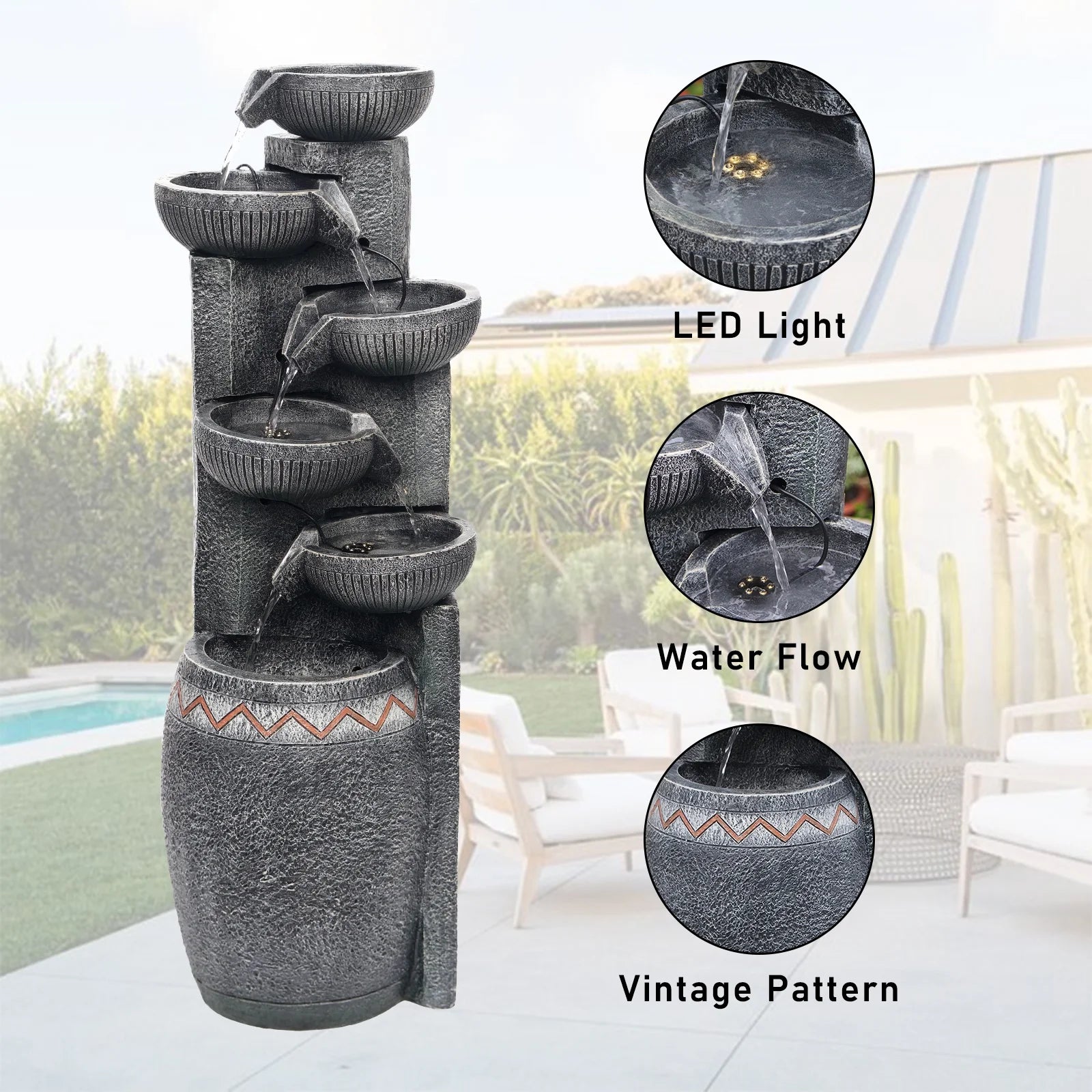 35.83''H Outdoor Indoor Garden Water Fountain 6-Tiers Modern Floor Standing Water Feature Waterfall Fountains with LED Lights for Yard Porch Deck Patio Home Decor
