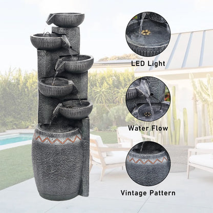 35.83''H Outdoor Indoor Garden Water Fountain 6-Tiers Modern Floor Standing Water Feature Waterfall Fountains with LED Lights for Yard Porch Deck Patio Home Decor