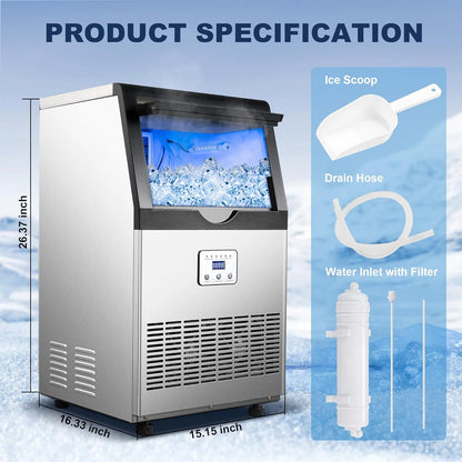 Ice Maker,110LBS/24H Commercial Ice Machine Stainless Steel Ice Maker Machine with 25LBS Capacity,45 Ice Cubes in 12-15 Minutes,Self-Cleaning,Ideal for Restaurant,Bars,Home,Includes Scoop