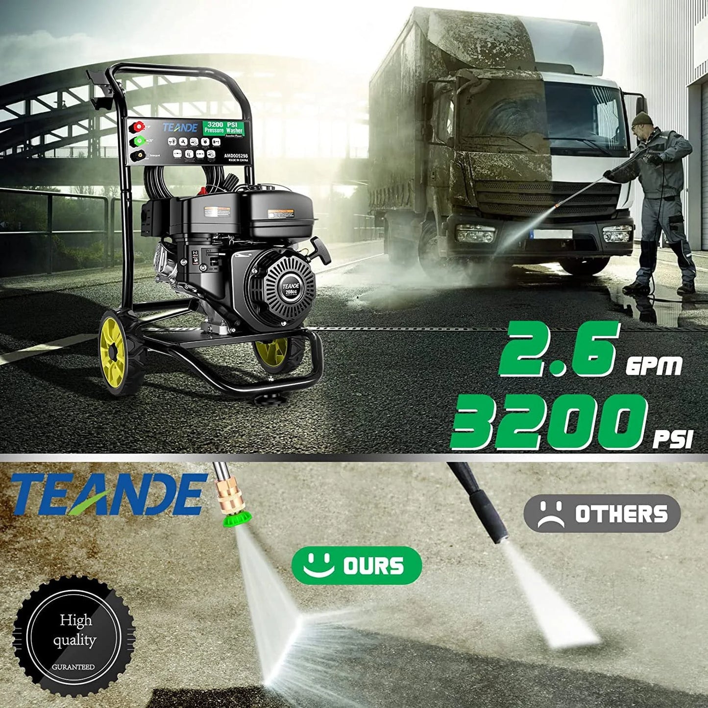 TEANDE Gas Pressure Washer Powered, 2.6 GPM 209cc 7.0 HP Power Washer with 3 Quick-Connect Nozzles, 25�?Hose for Cars, Driveway, Patio, Siding, Fence Cleaning