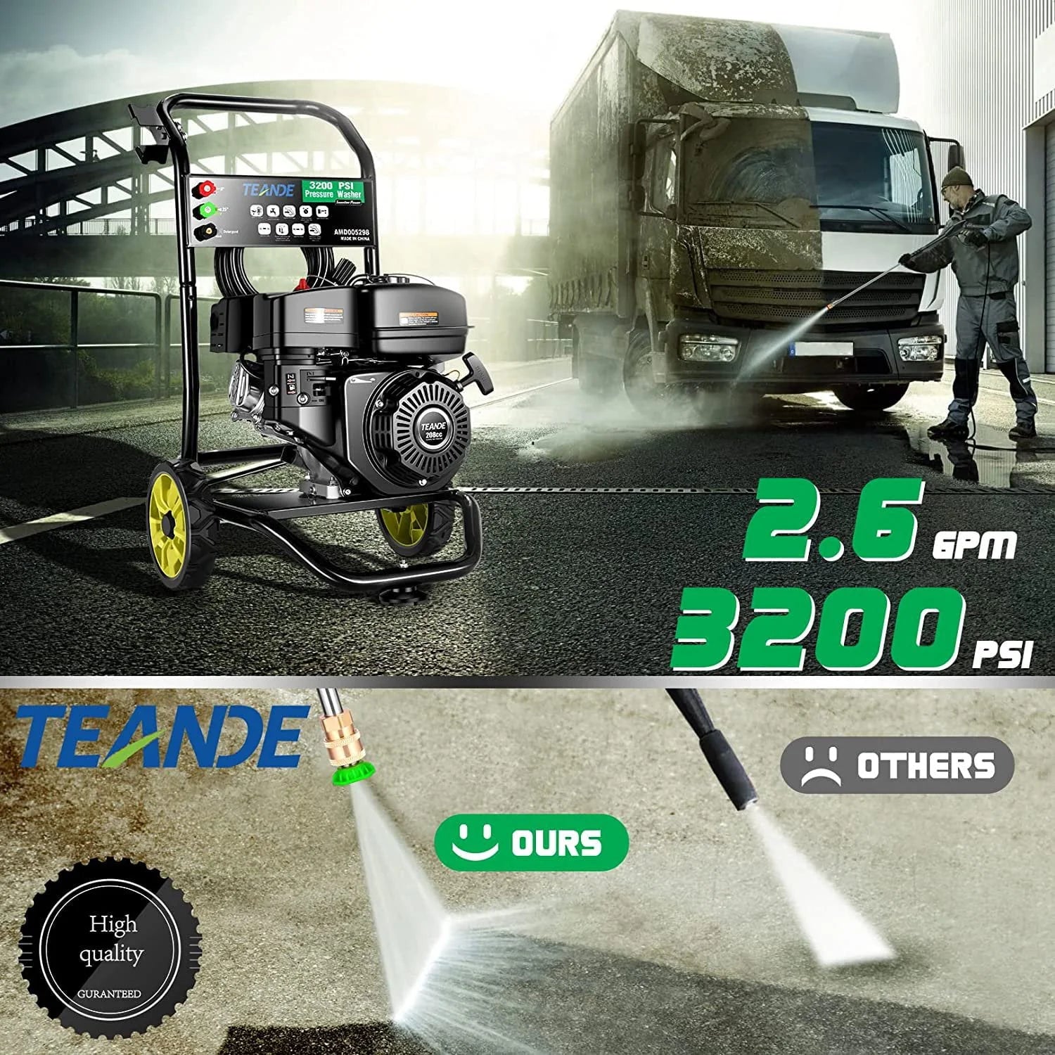 TEANDE Gas Pressure Washer Powered, 2.6 GPM 209cc 7.0 HP Power Washer with 3 Quick-Connect Nozzles, 25�?Hose for Cars, Driveway, Patio, Siding, Fence Cleaning