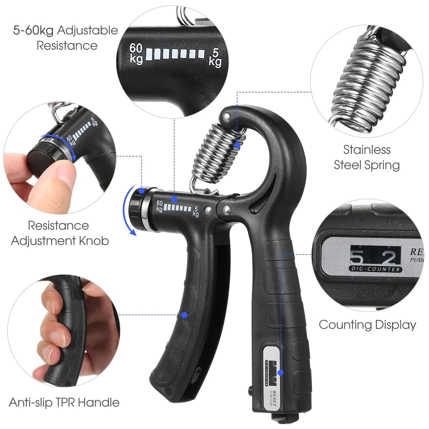 CACAGOO 2pcs Hand Grip Strengthener with Counter 5-60kg Adjustable Resistance Fitness Hand Exerciser for Muscle Building Wrist Training