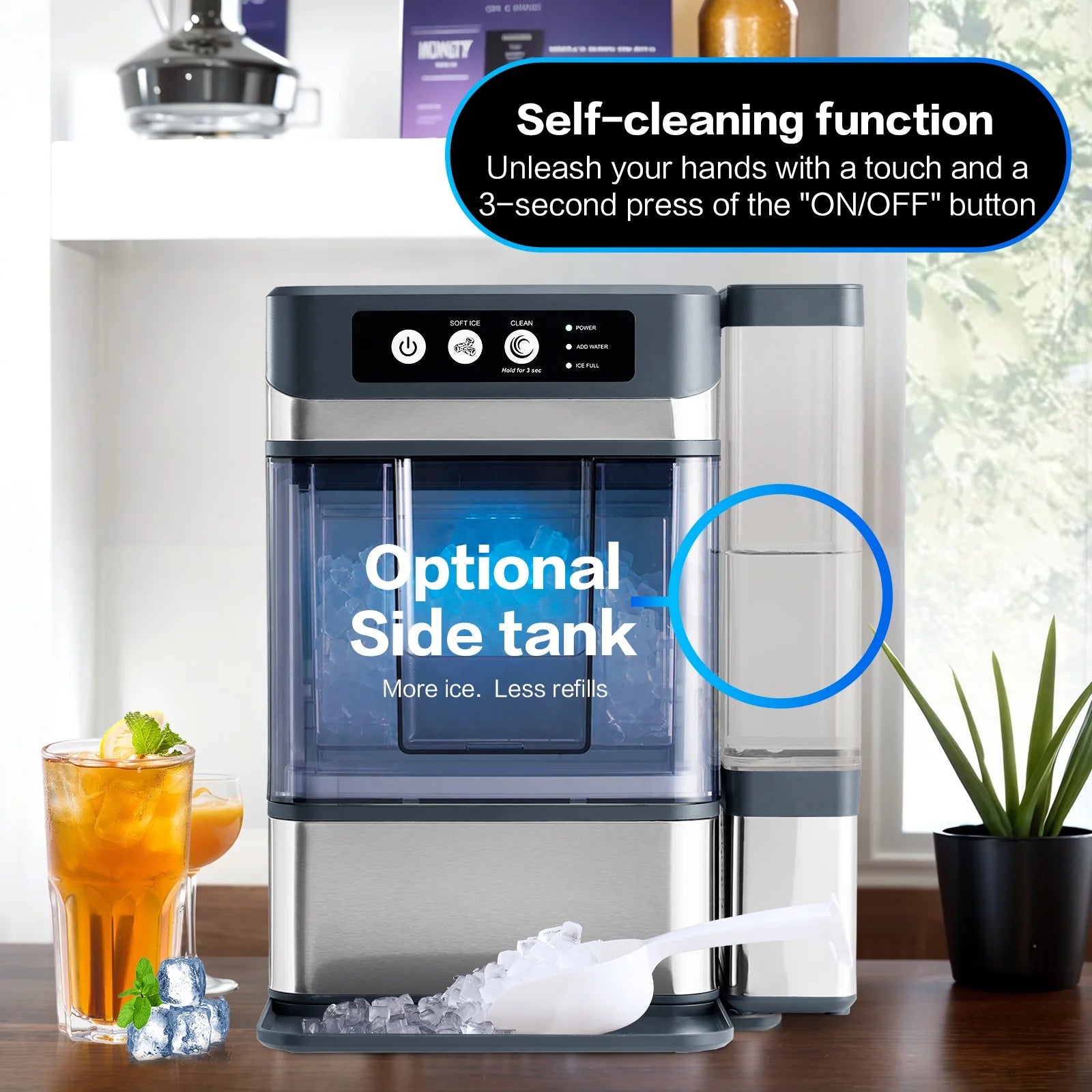 TEKAMON Nugget Ice Maker Countertop, 41lbs/24H, Soft Chewable Pellet Touchscreen Ice Maker with Self-Cleaning Function for Kitchens, Offices, Home