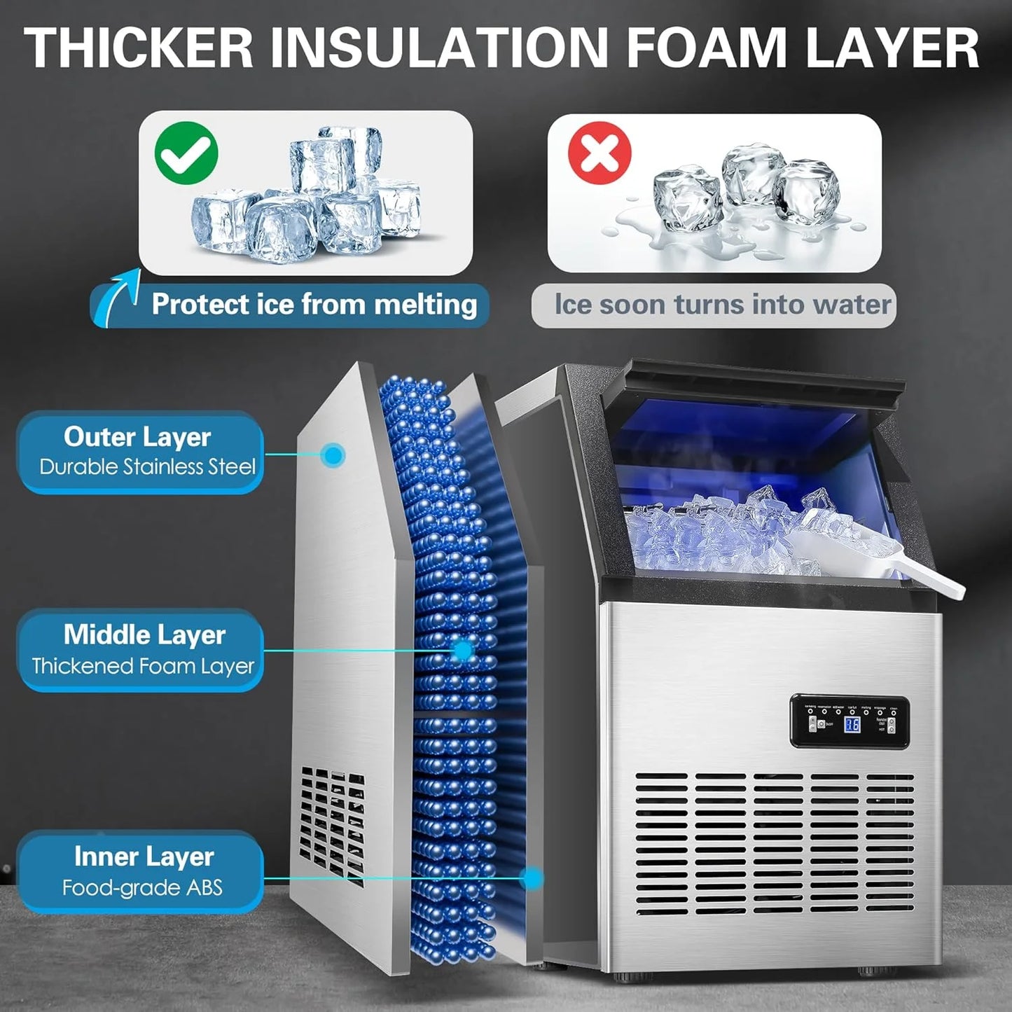 Commercial Ice Maker Machine 120LBS/24H Ice Maker, Stainless Steel Freestanding Ice Machine with 33LBS Storage Capacity, Self-Cleaning, 2 Water Inlet Modes,Ideal for Restaurant,Home,Bar