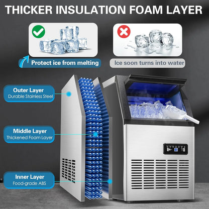 Commercial Ice Maker Machine 120LBS/24H Ice Maker, Stainless Steel Freestanding Ice Machine with 33LBS Storage Capacity, Self-Cleaning, 2 Water Inlet Modes,Ideal for Restaurant,Home,Bar