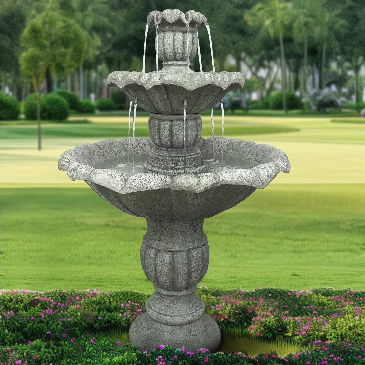 48�?H Outdoor Floor Water Fountain, 3-Tiers Concrete Water Fountain with Submersible Electric Pump - Garden Cascading Waterfall for Yard Patio Lawn Home Decor