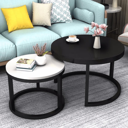 2 Round Tea Table Coffee Table Desk Sets | Black & White - Twin Sets Multi Function Wood & Steel Living Room Home Decor Polished Surface Overlapping Ending Tables Cocktail Table