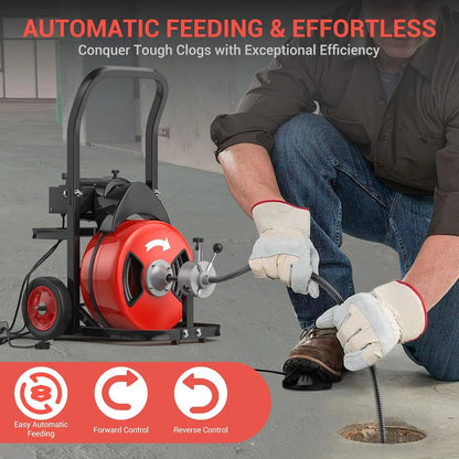 Roromall 75FT 100FT Electric Drain Cleaning Machine with 1/2-inch 3/4-inch Cable, 450W Auto Feed Portable Sewer Snake, Air-Activated Foot Switch, 4 Interchangeable Cutters for 2" to 4" Pipes