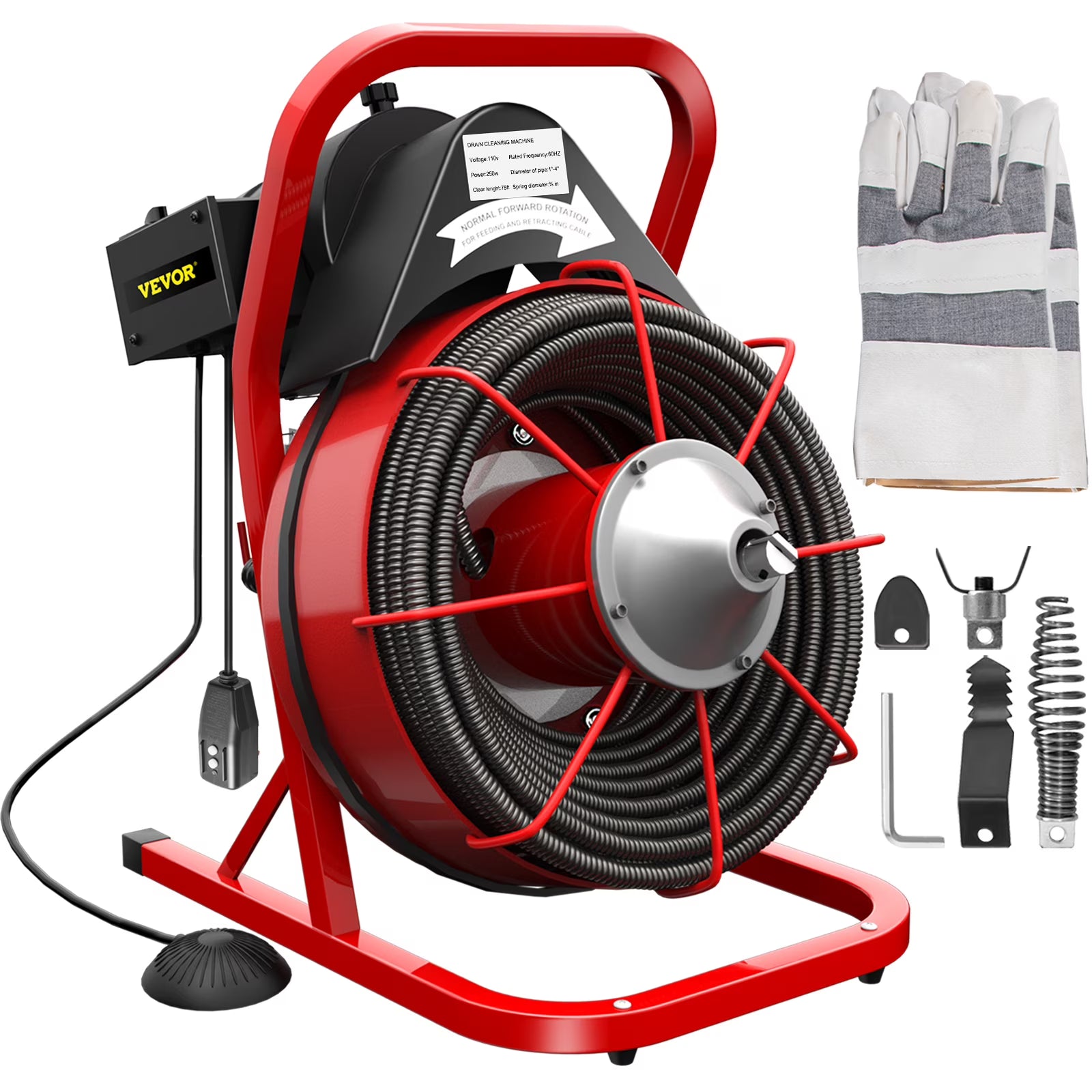 VEVORbrand Drain Cleaning Machine 75ft x 3/8 in Drain Cleaner Machines 250W Electric Drain Auger for 1" to 4" Pipes Electric Drain Snake Sewer Snake Drill w/ Cutters & Glove