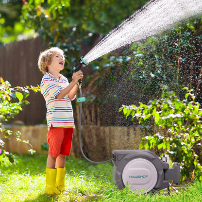 HAUSHOF 1/2" x 100 ft Retractable Garden Hose Reel with Automatic Rewind, 10-Pattern Spray Nozzle, Durable High-Pressure Hose, and 180�� Swivel Bracket �C Perfect for Watering Gardens, Cleaning Patios