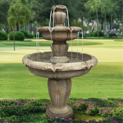 48�?H Outdoor Floor Water Fountain, 3-Tiers Concrete Water Fountain with Submersible Electric Pump - Garden Cascading Waterfall for Yard Patio Lawn Home Decor