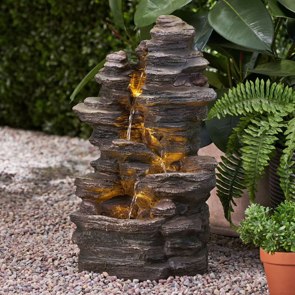 Holaki 23.5" H Outdoor Fountain,4-Tire Waterfall Flow Floor Fountain with LED Light for Patio,Gadern,Backyard,Art Home Decoration,Light Brown