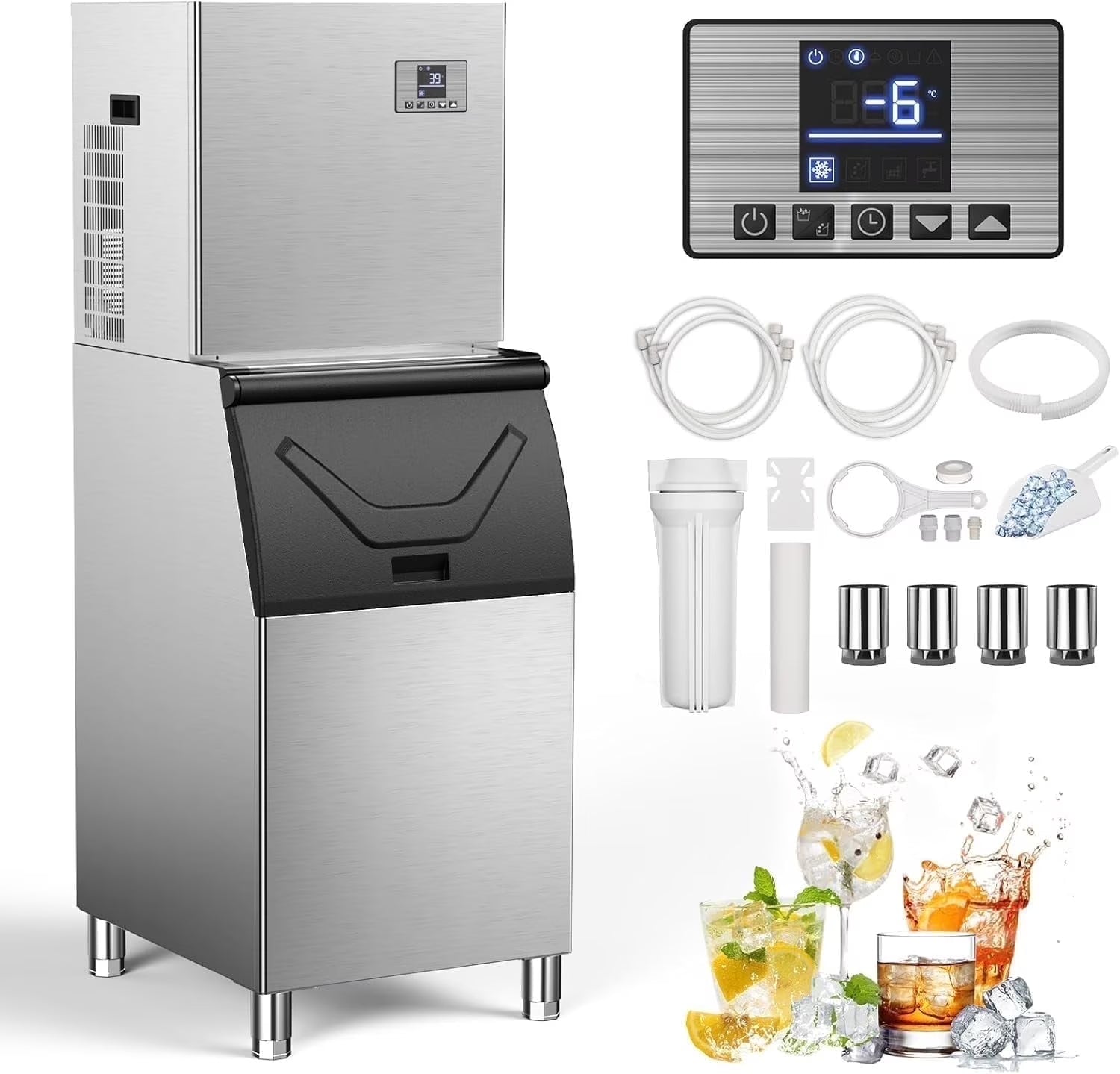 QAUSOU Commercial Ice Maker Machine Large Capacity 360 LBS 600 LBS/24H with Self Cleaning Function