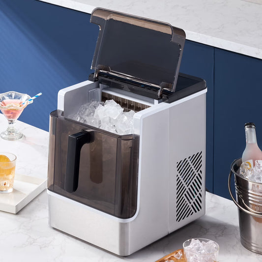 KFFKFF Tabletop Ice Cube Machine, Produces 32 Ice Cubes in 15 Minutes, 46lbs Daily Output, Self-Cleaning and Portable, Easy Ice Transfer, 3 Different Ice Cube Sizes, Ideal for Home, Kitchen, Office