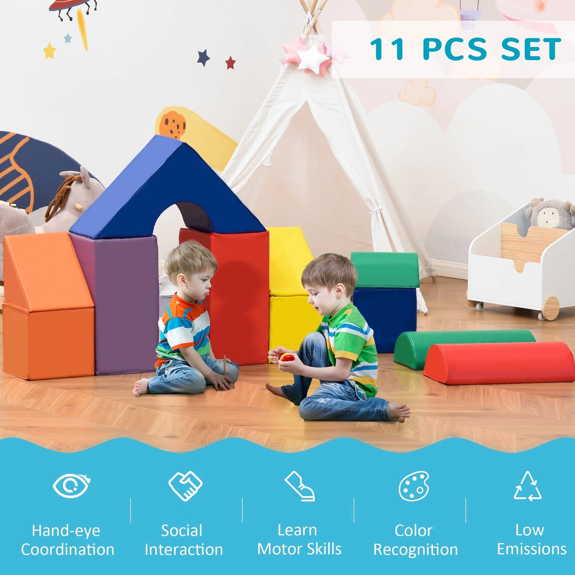 Soozier Foam Climbing Blocks for Toddlers, 11-Piece Climb and Crawl Activity Playset Building Blocks, for Aged 1-3 Years Old