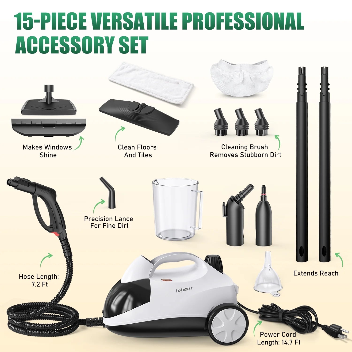 Loheer Steam Cleaner, 1500W Multipurpose Steamer for Cleaning with 15 Accessories, 2L Tank, Child Lock, Chemical-Free Cleaning, Steam Mop for Home, Car, and Furniture