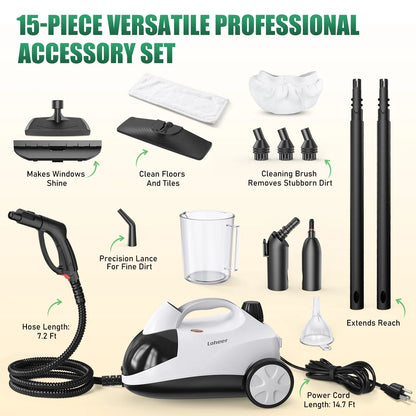 Loheer Steam Cleaner, 1500W Multipurpose Steamer for Cleaning with 15 Accessories, 2L Tank, Child Lock, Chemical-Free Cleaning, Steam Mop for Home, Car, and Furniture