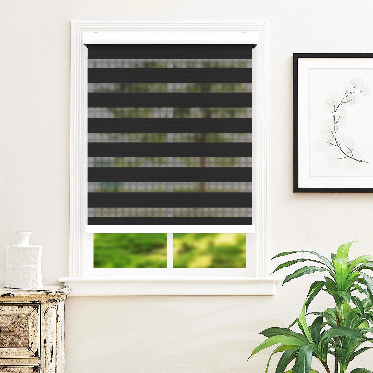 Zebra Cordless Window Blinds, Dual Layered Light Filtering Roller Shades, Easy Install Blinds, Indoor Home Decor, Pull-Down Shades for Windows, Light Control for Day & Night, Black, 22"W X 72"H