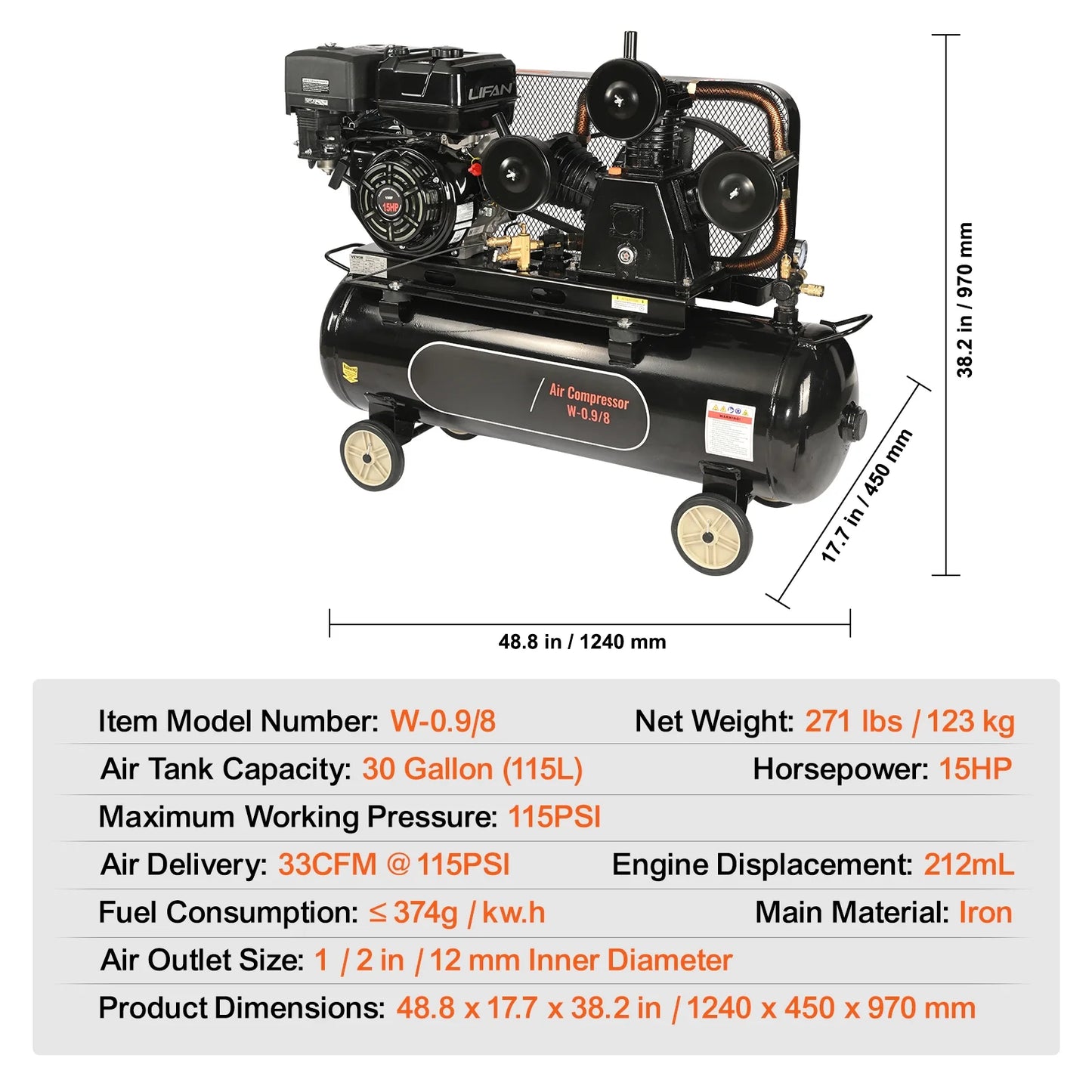 KFFKFF 15HP Gas-Fueled Air Compressor, 30 Gallon Horizontal Compressor Tank, 33CFM@115PSI Gas Propelled Piston Pump Compressed Air System with 115PSI Maximum Pressure for Building Sites Workshop