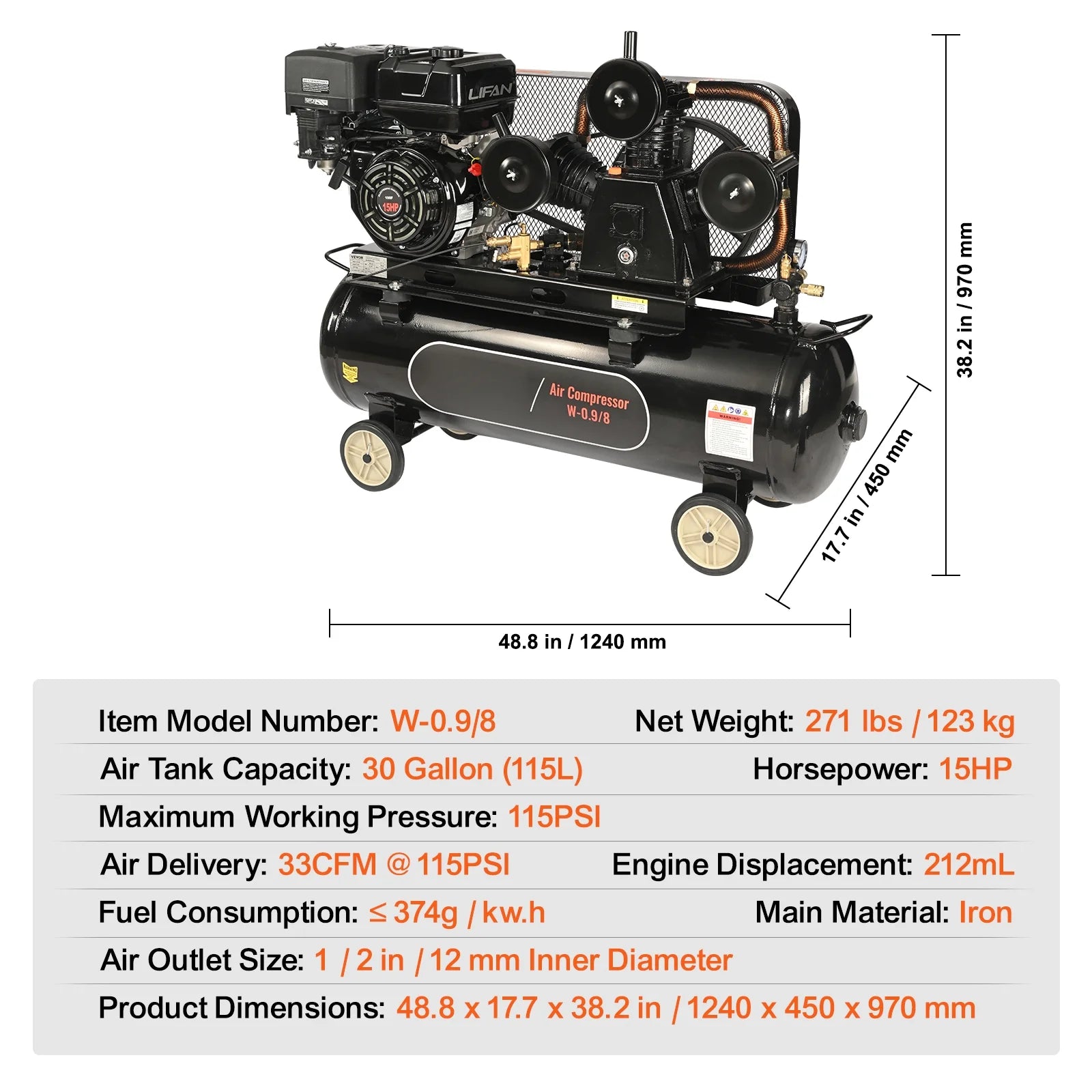 KFFKFF 15HP Gas-Fueled Air Compressor, 30 Gallon Horizontal Compressor Tank, 33CFM@115PSI Gas Propelled Piston Pump Compressed Air System with 115PSI Maximum Pressure for Building Sites Workshop