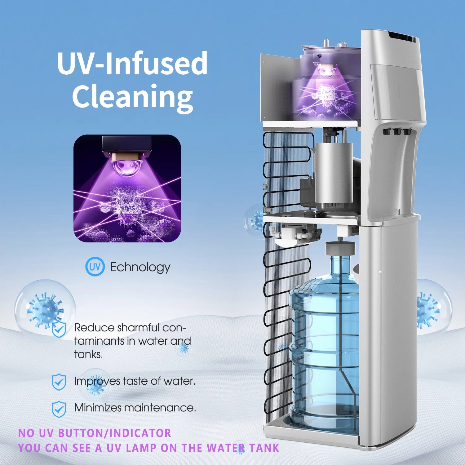 IKT Self-Cleaning Bottom Load Water Cooler Dispenser for 3-5 Gallon Bottle with Child Safety Lock Display Light Silver
