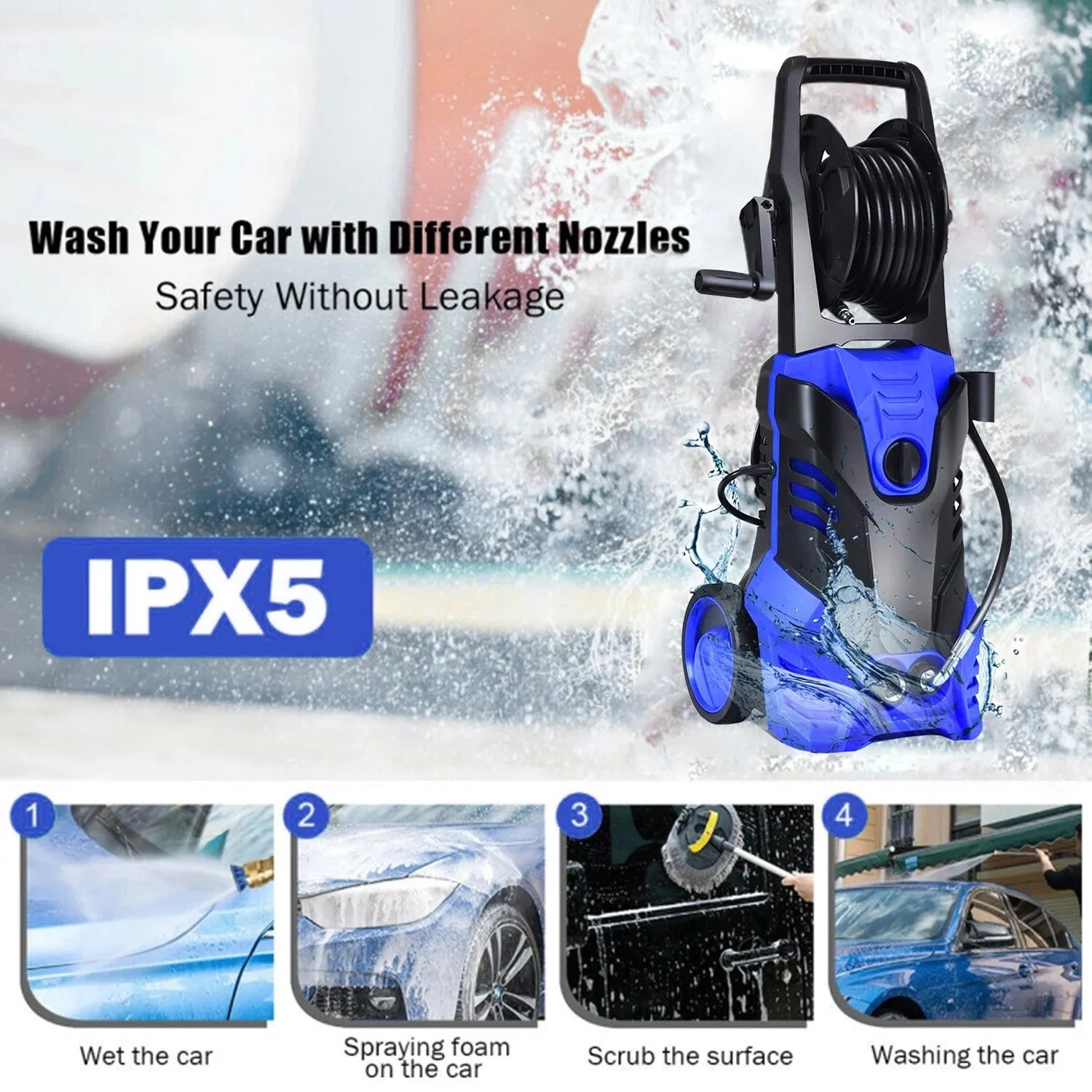 Electric Pressure Washer, 3800PSI 2.6 GPM Power Washer with 5 Quick Connect Nozzles, High Pressure Cleaning Machine with Foam Cannon for Cars, Fences, Patios, Decks, Patios and Driveway(Blue)