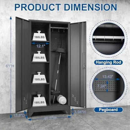 Metal Storage Cabinet, Black Broom Storage Cabinets with Doors and Shelves, Tall Garage Tool Cabinet, Lockable Cleaning Closet Storage Cabinet for Home, Office, Laundry Room, Warehouses