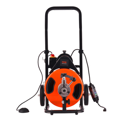 VEVOR Drain Cleaning Machine 50 FT x 1/2 Inch, Sewer Auger Auto Feed with 4 Cutter & Air-activated Foot Switch for 1" to 4" Pipes, Orange, Black