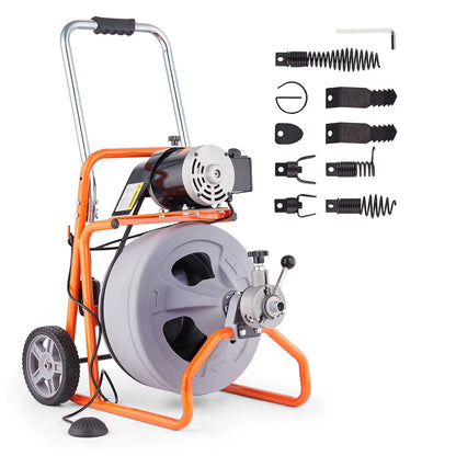 VEVOR Drain Cleaner Machine 75FT x 1/2 Inch, Auto Feed Sewer Snake Drain Auger on Wheels, Portable Drain Cleaning Machine with 8 Cutters & Air-activated Foot Switch for 2" to 4" Pipes