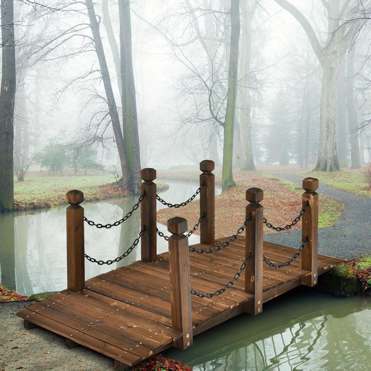 5ft Rustic Wooden Garden Bridge with Railings �C Sturdy Fir Footbridge, Weather-Resistant Outdoor Walkway for Weddings, Home Decor, and Gardens, Supports Up to 500 lbs, Natural Brown Finish