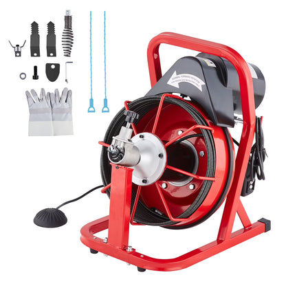 KFFKFF Drain Cleaning Machine, 50FT x 3/8 Inch, 250W Electric Drain Cleaner with Auto Feed, Includes 4 Cutters & Air-activated Foot Switch, Suitable for 2"-4" Pipes