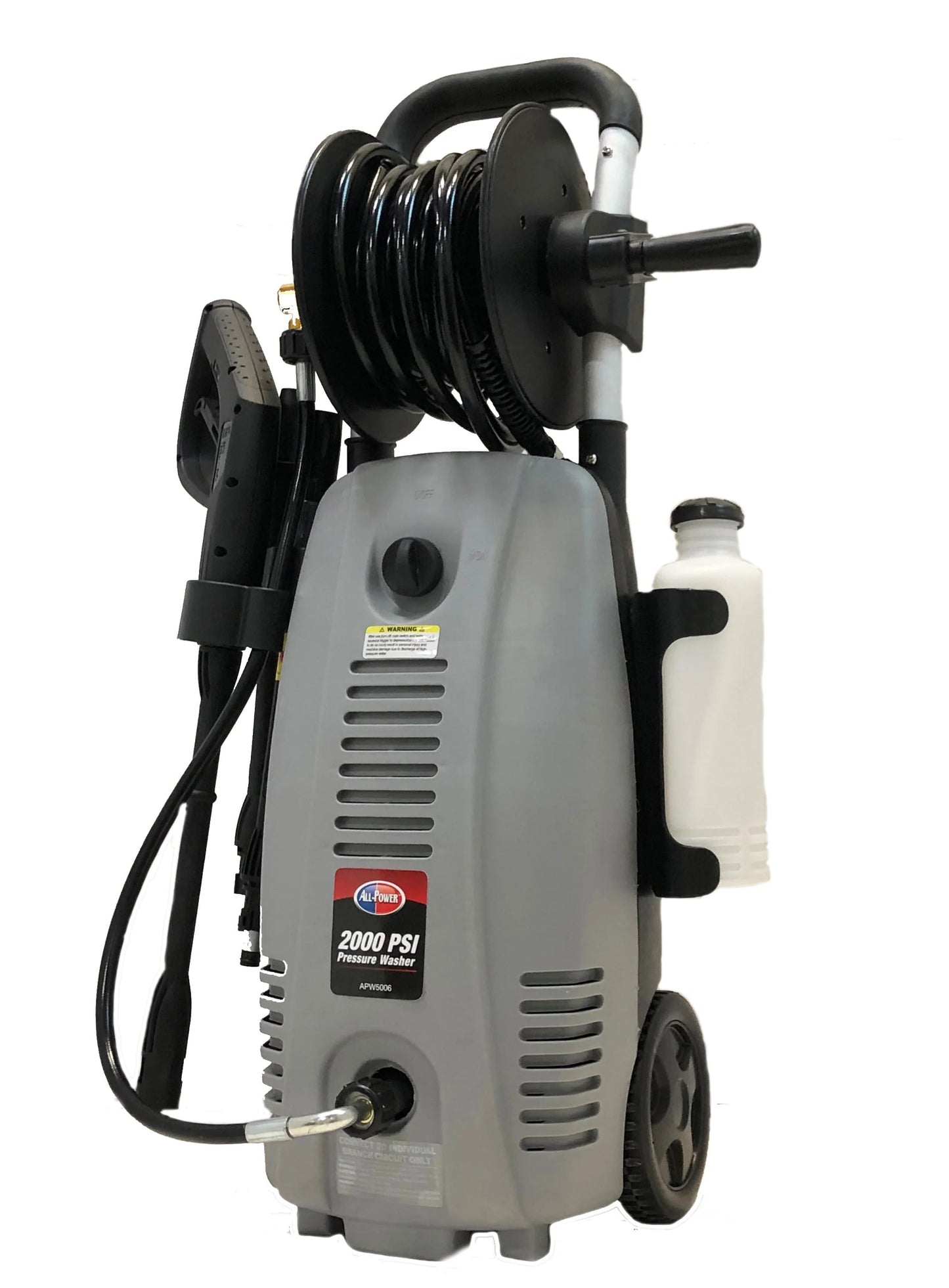 All Power 2000 PSI 1.6 GPM Electric Pressure Washer With Hose Reel for Buildings, Walkway, Vehicles and Outdoor Cleaning, Grey, APW5006