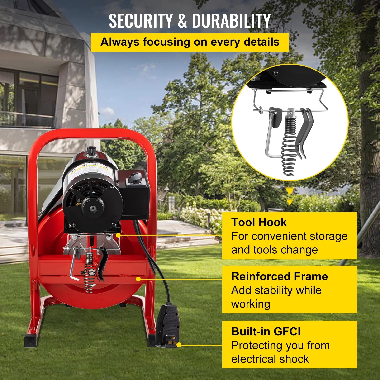 VEVORbrand Drain Cleaning Machine 75ft x 3/8 in Drain Cleaner Machines 250W Electric Drain Auger for 1" to 4" Pipes Electric Drain Snake Sewer Snake Drill w/ Cutters & Glove