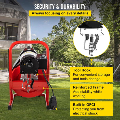 VEVORbrand Drain Cleaning Machine 75ft x 3/8 in Drain Cleaner Machines 250W Electric Drain Auger for 1" to 4" Pipes Electric Drain Snake Sewer Snake Drill w/ Cutters & Glove
