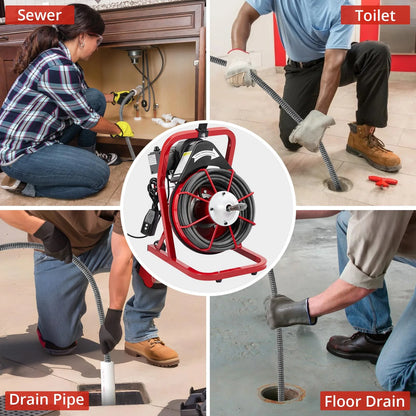 Electric Drain Cleaning Machine , Powerful Electric Auger, Sewer Snake with 4 Cutters, Air-Activated Foot Switch, and Wheels